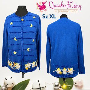 Blue Knit Quacker Factory Long Sequin Beaded Moon Angels Zip Up Cardigan Sz XL
